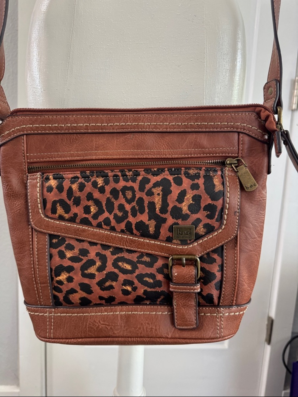 b.o.c. Brown Leather Crossbody with Leopard-Print Panel